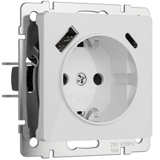 Изображение W1171741/ Розетка с заземлением, шторками и USB тип A+C (белый акрил) W1171741
