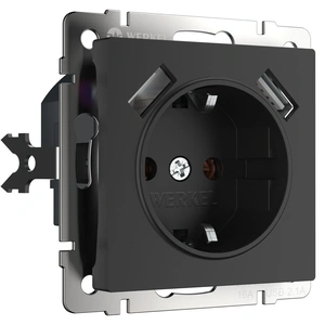 Изображение Розетка с заземлением, шторками и USBх2 (черный матовый) W1171508