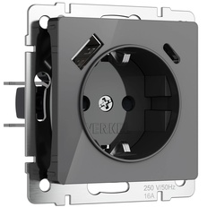 Изображение Розетка с заземлением, шторками и USB тип A+C (графит акрил) W1171744